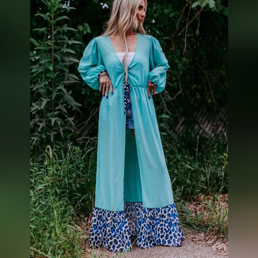 NWT Western Turquoise Cardigan Duster Dress with Leopard Print Ruffle Hem